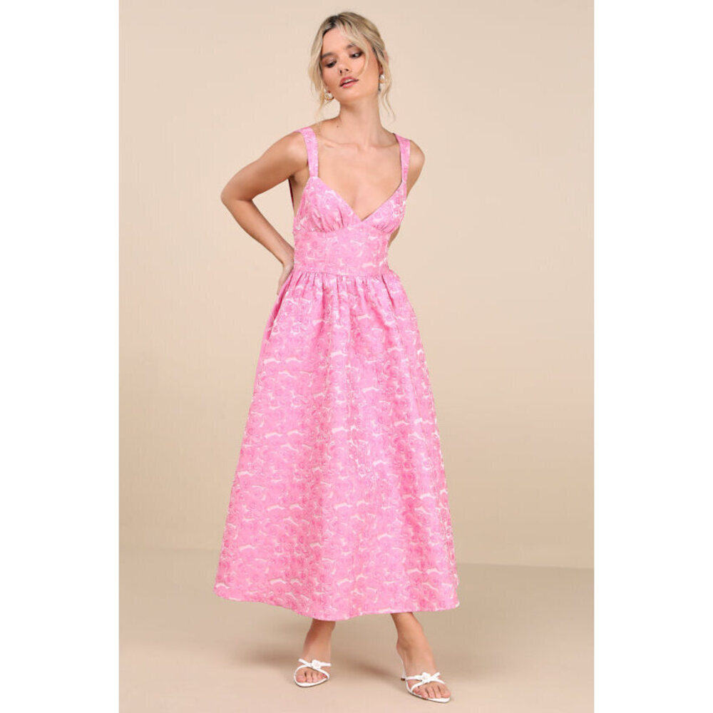 NWT Lulus Rudra Pink Floral Jacquard A-line Backless Midi Dress - Size M